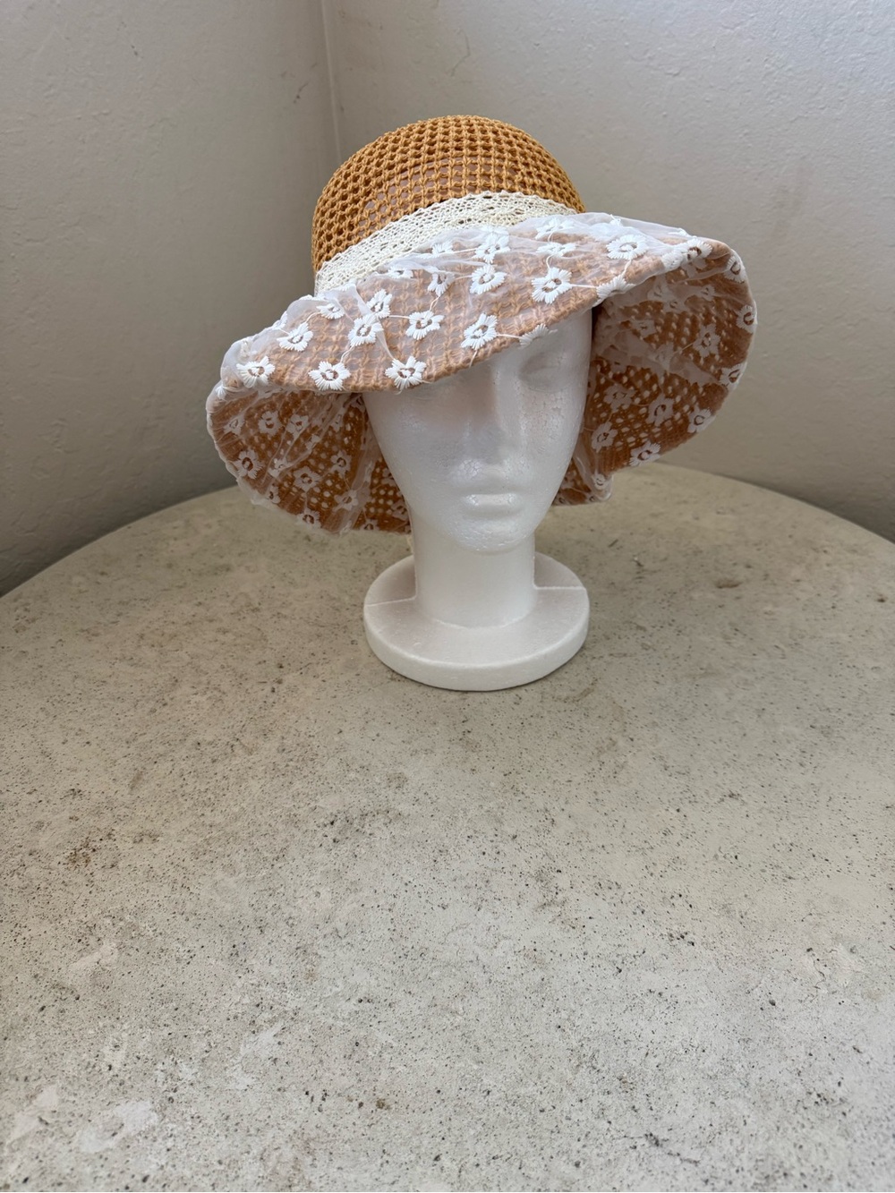 Beige Crochet Sun Hat with White Lace Brim